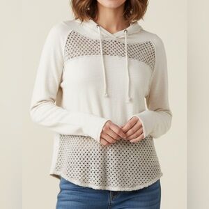 FREE PEOPLE Offwhite/Cream Sweater Hoodie with Mesh Cutouts. Size XS Oversized.